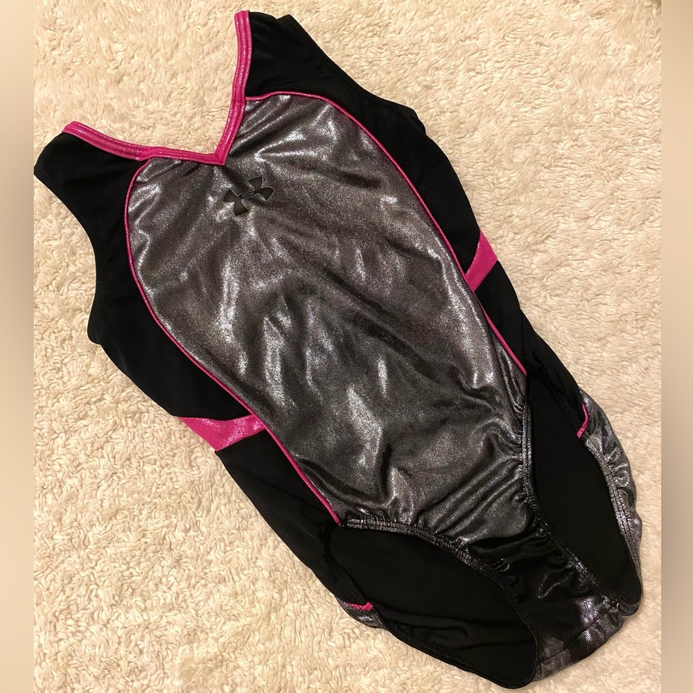 Under Armour gymnastics leotard in silver foil w pink accents GUC sz AS
